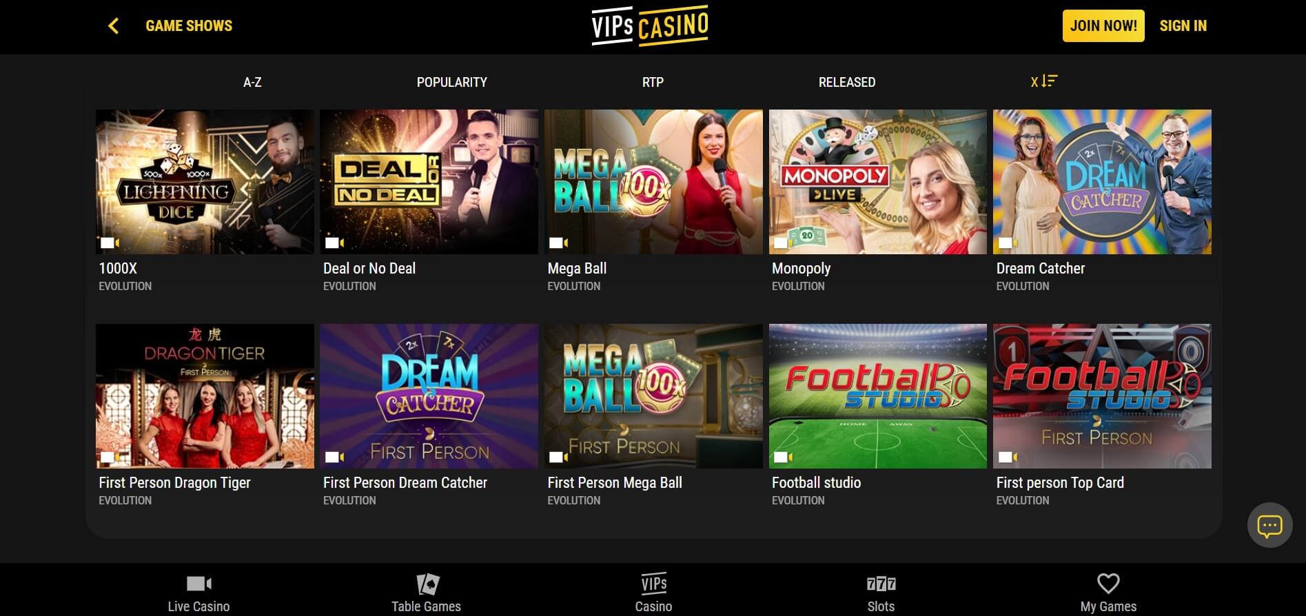 vips online casino games