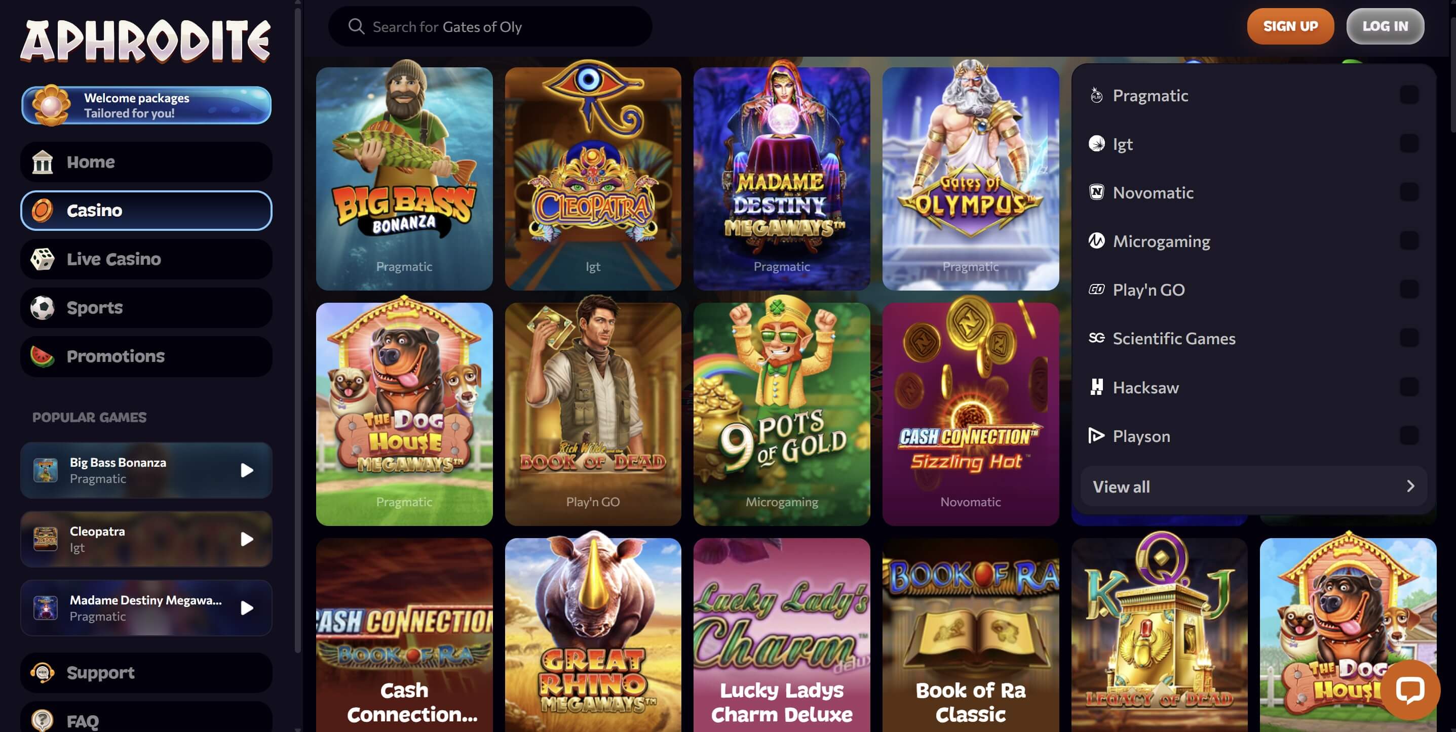 Aphrodite Casino Slots Lobby