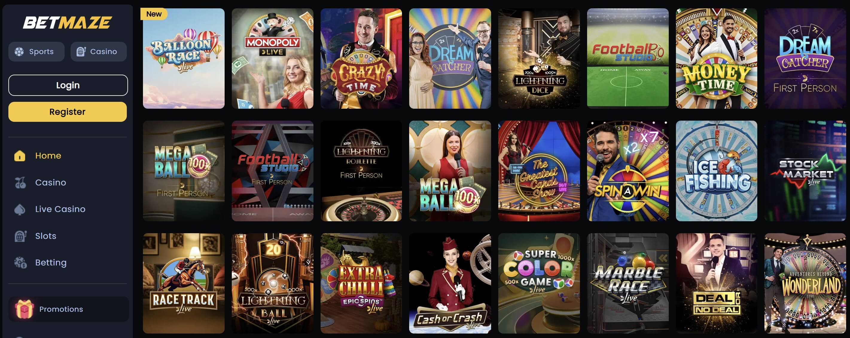 betmaze game lobby and live casino games
