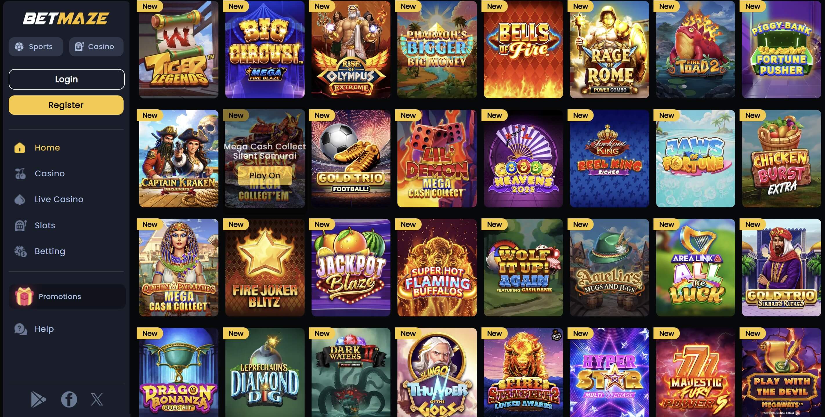 betmaze casino game lobby and slots