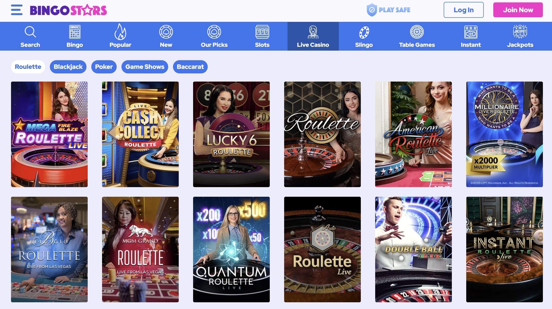 live dealer games at Bingo stars casino