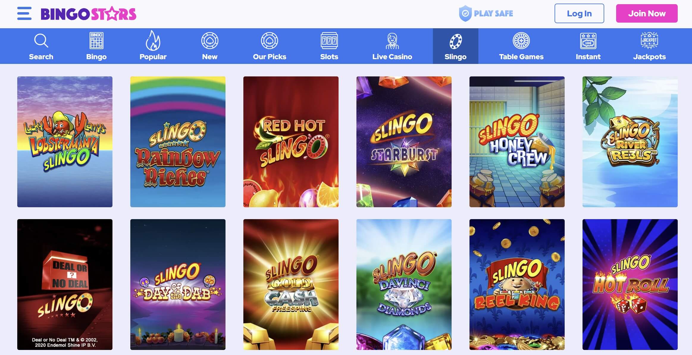 Slingo games lobby at Bingostars