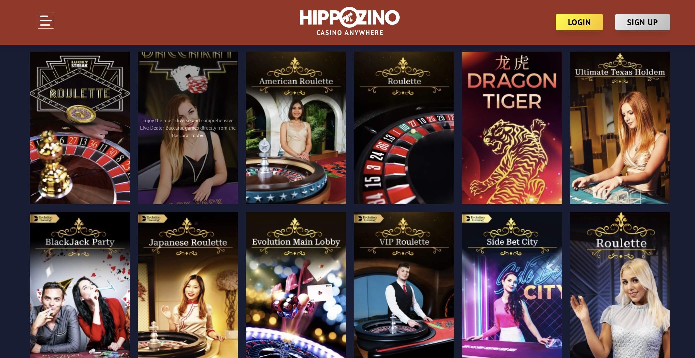 live casino lobby at Hippozino casino