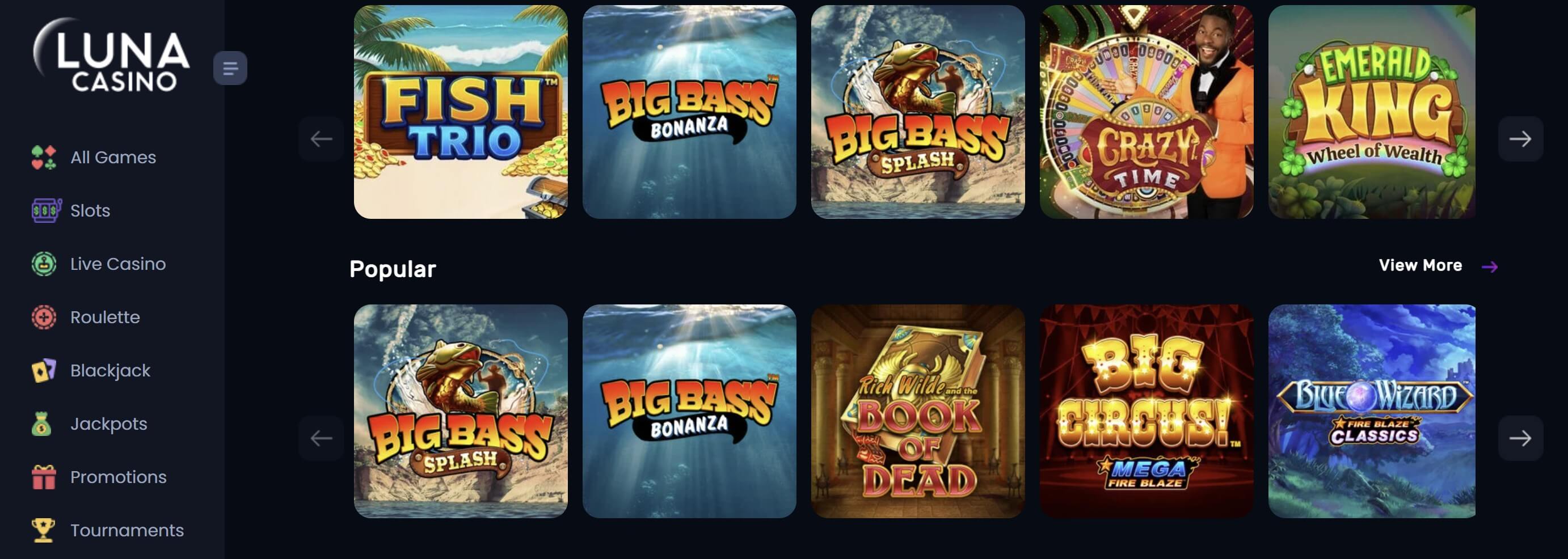 Luna Casino slots lobby preview