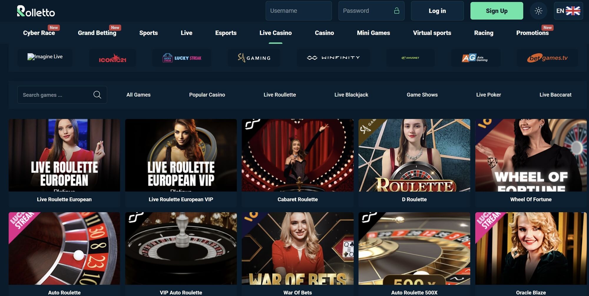 Rolletto Casino live dealer lobby games