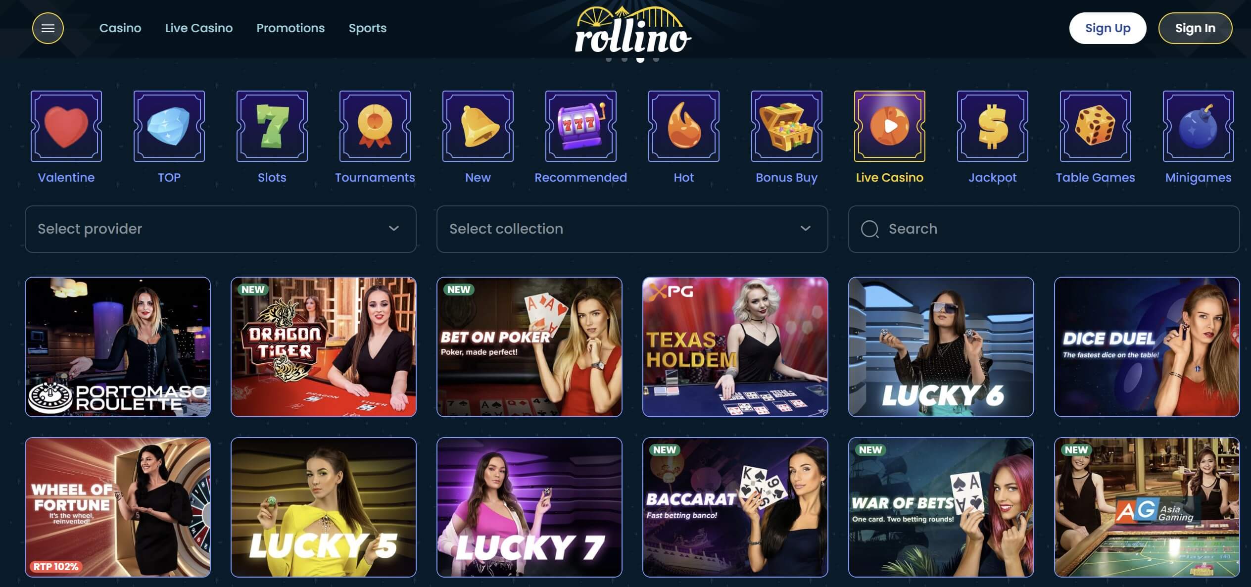 rollino casino live dealer lobby selection