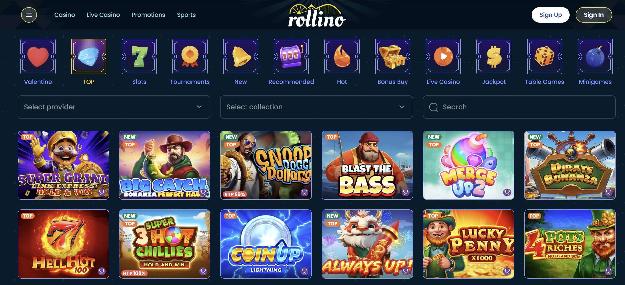 online slots lobby at rollino casino