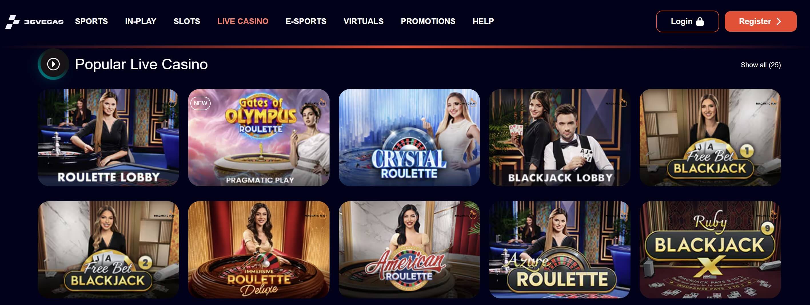 live casino lobby at 36vegas.co.uk