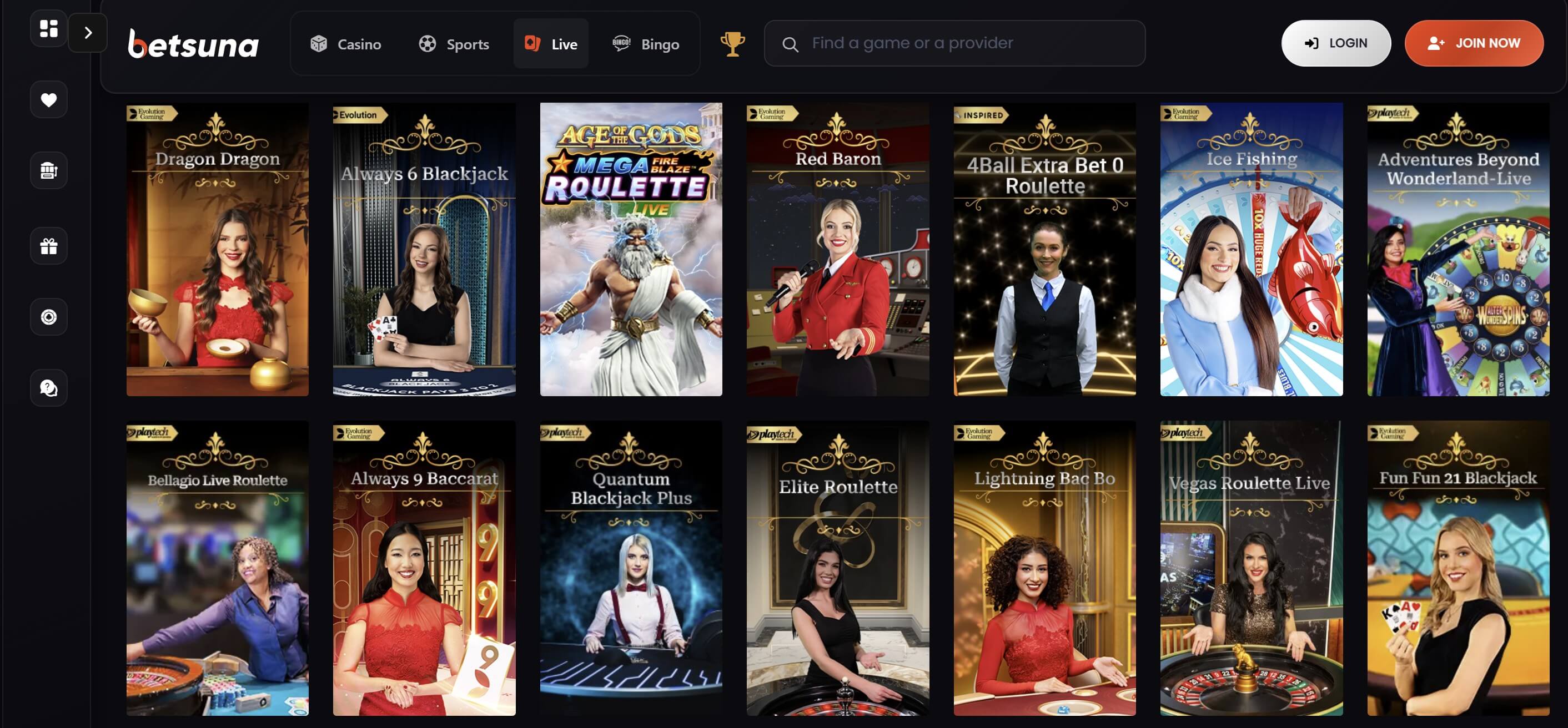 betsuna live casino lobby and games