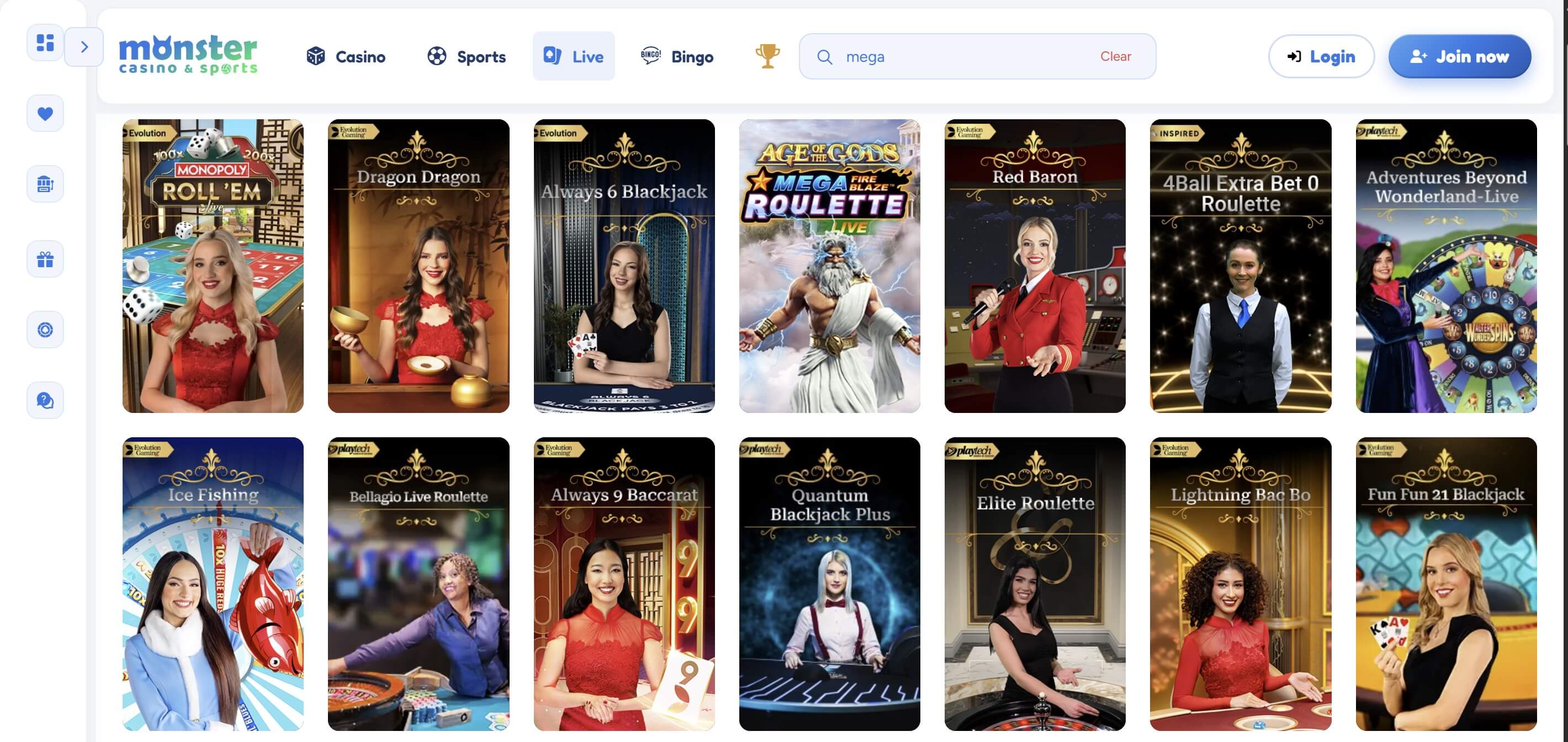 Monster Casino live dealer casino lobby