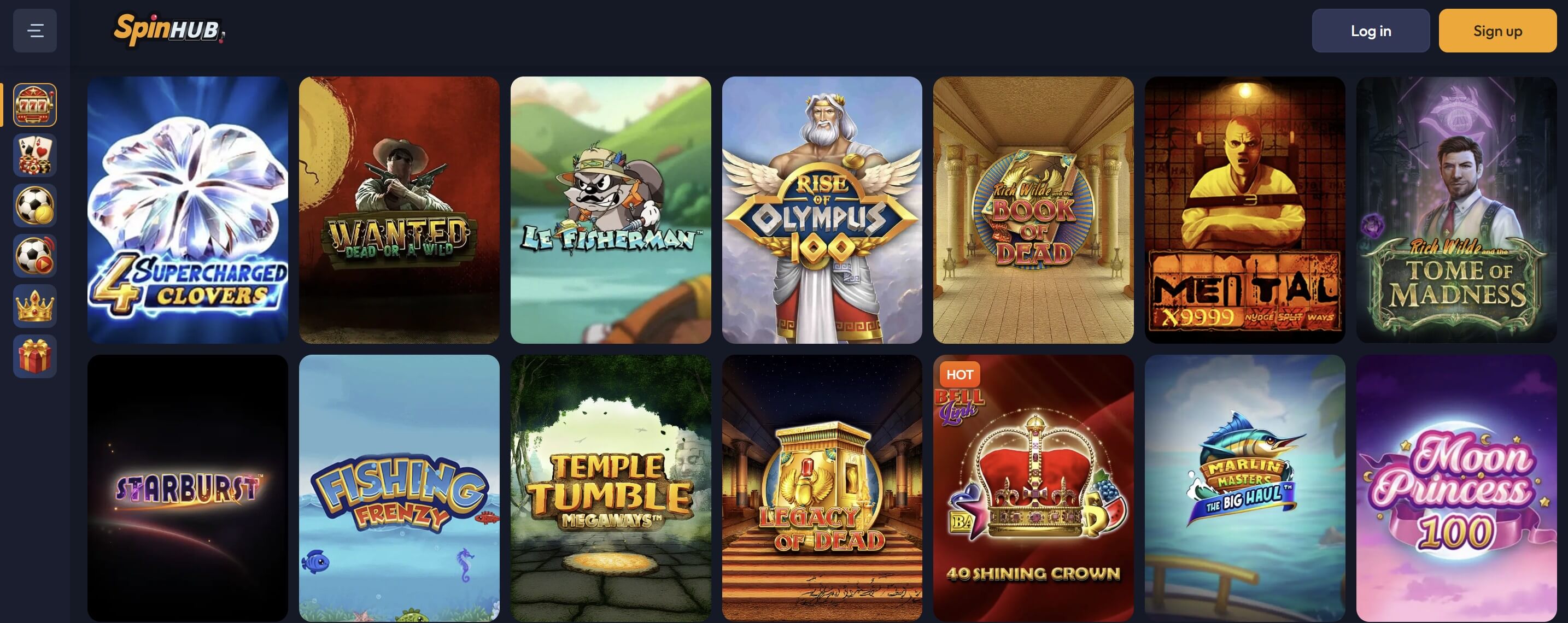 slots lobby at spinhub casino