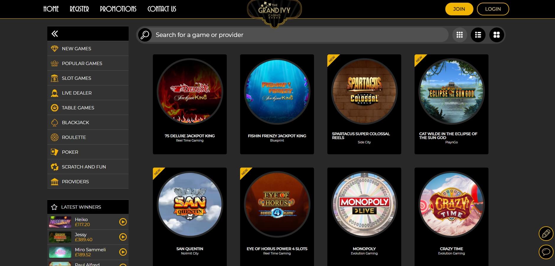 the grand ivy screen shot of games and slots