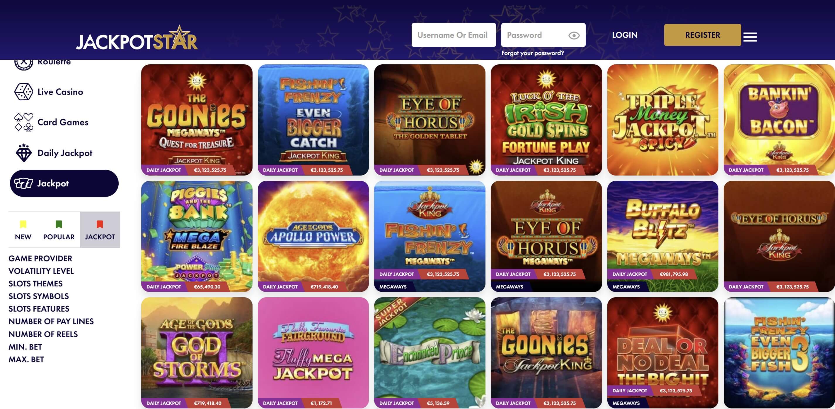 jackpotslots game lobby and slots