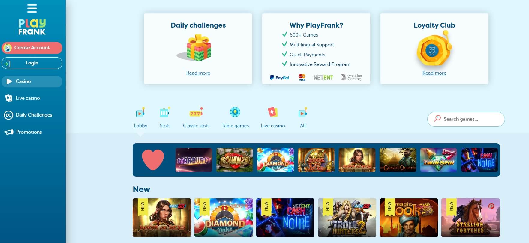 playfrank casino games screenshot