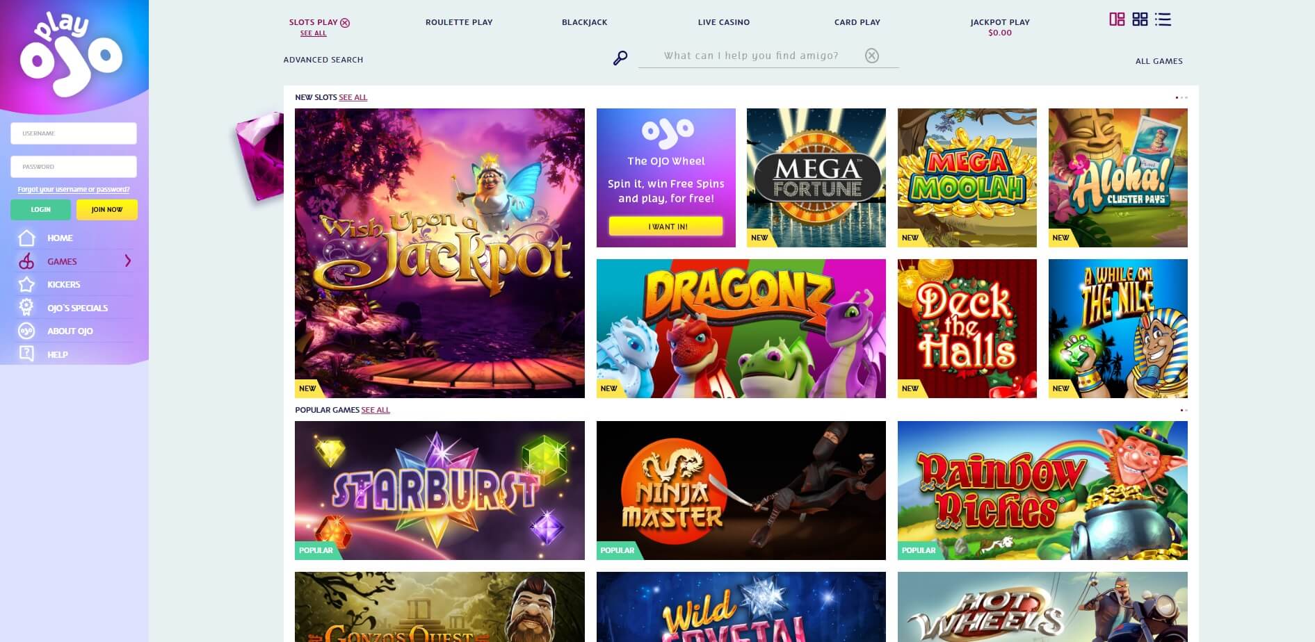 play ojo casino slots and games