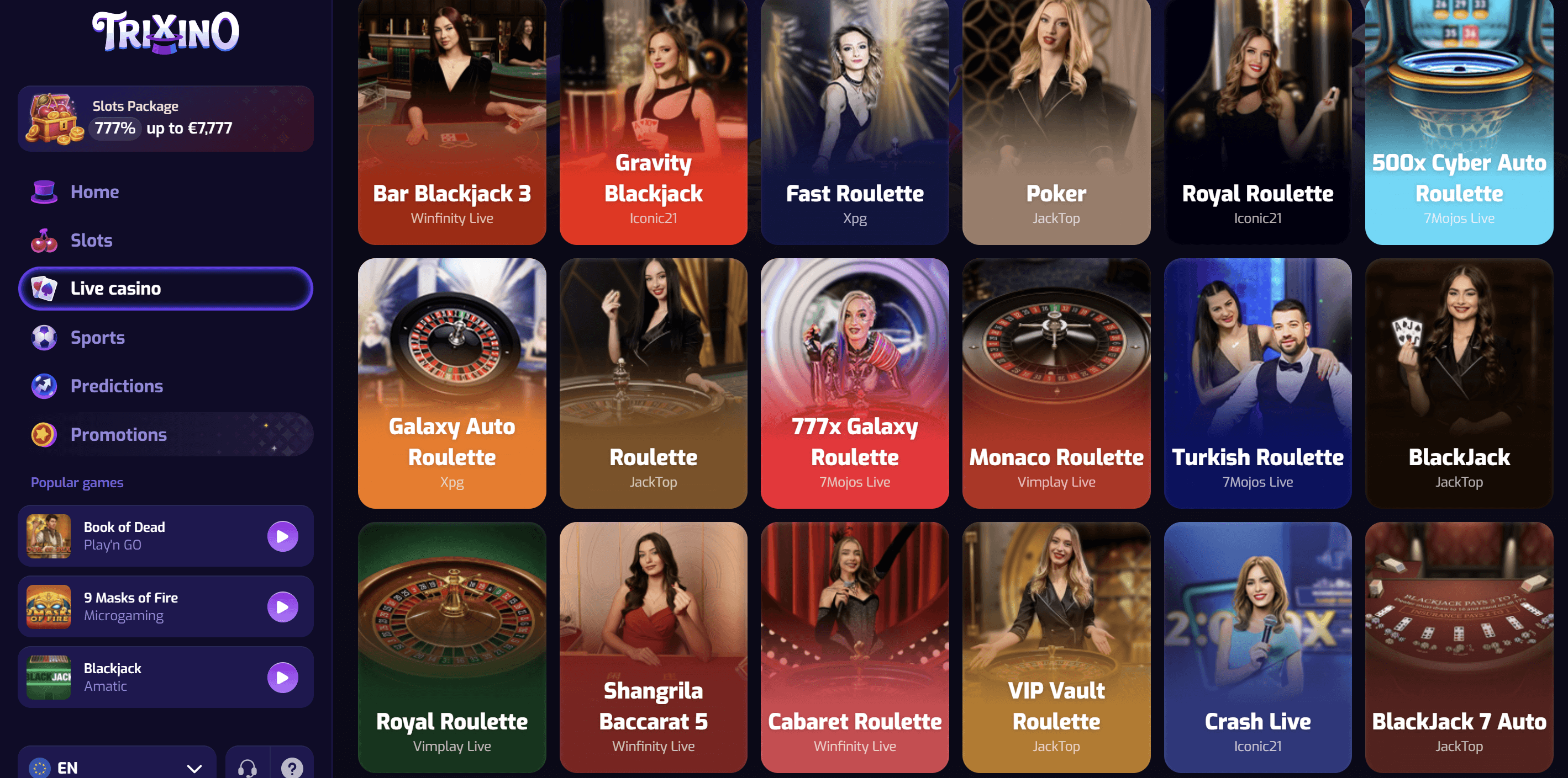 live dealer casino lobby triino