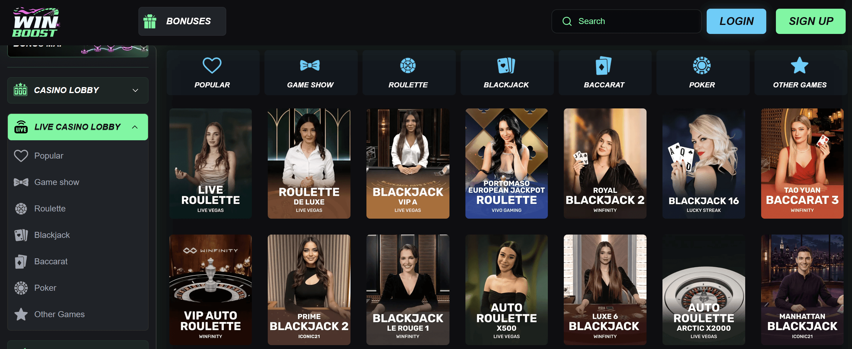 winboost casino live dealer lobby