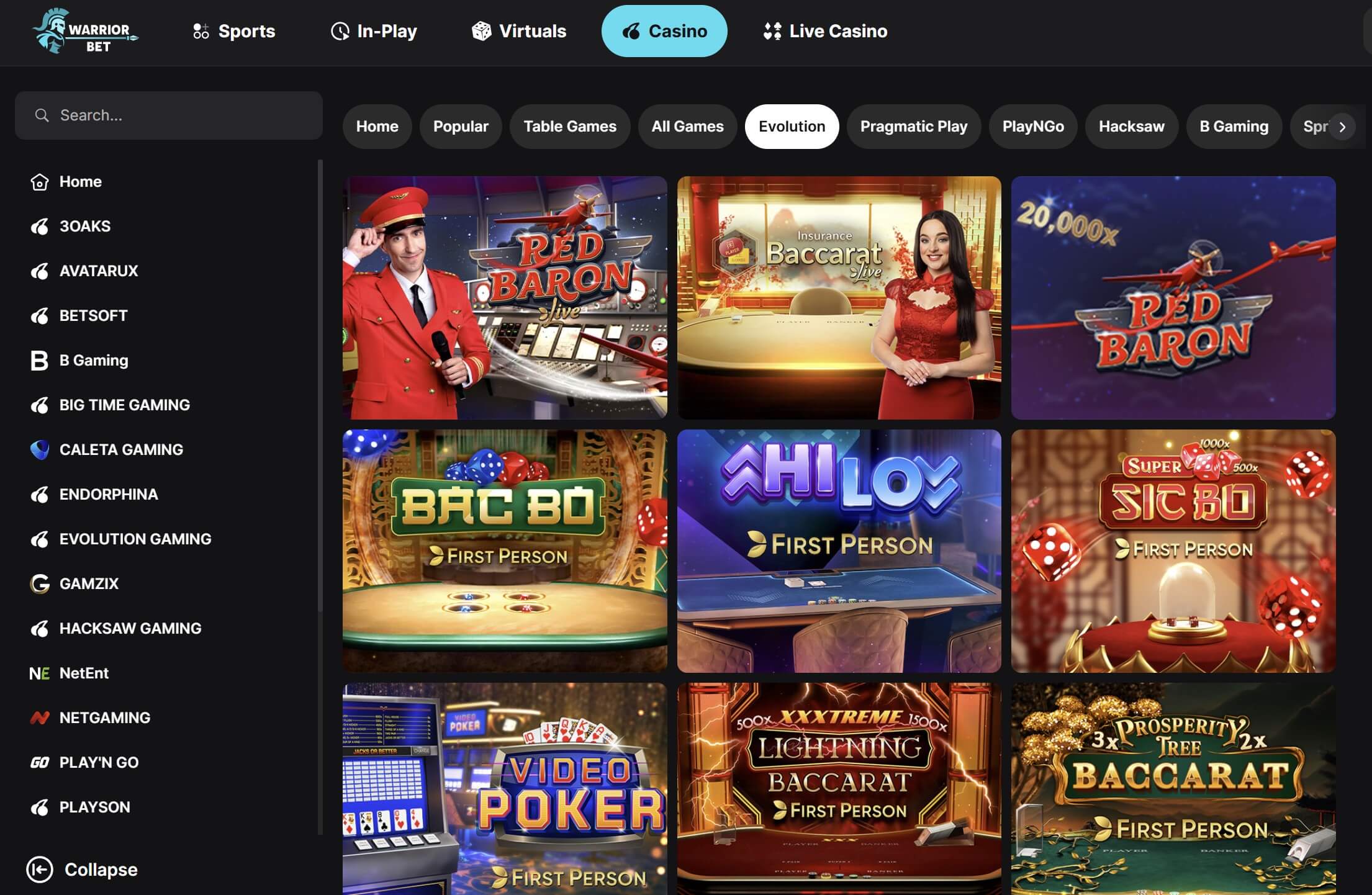 live dealer casino games at warriorbet.io