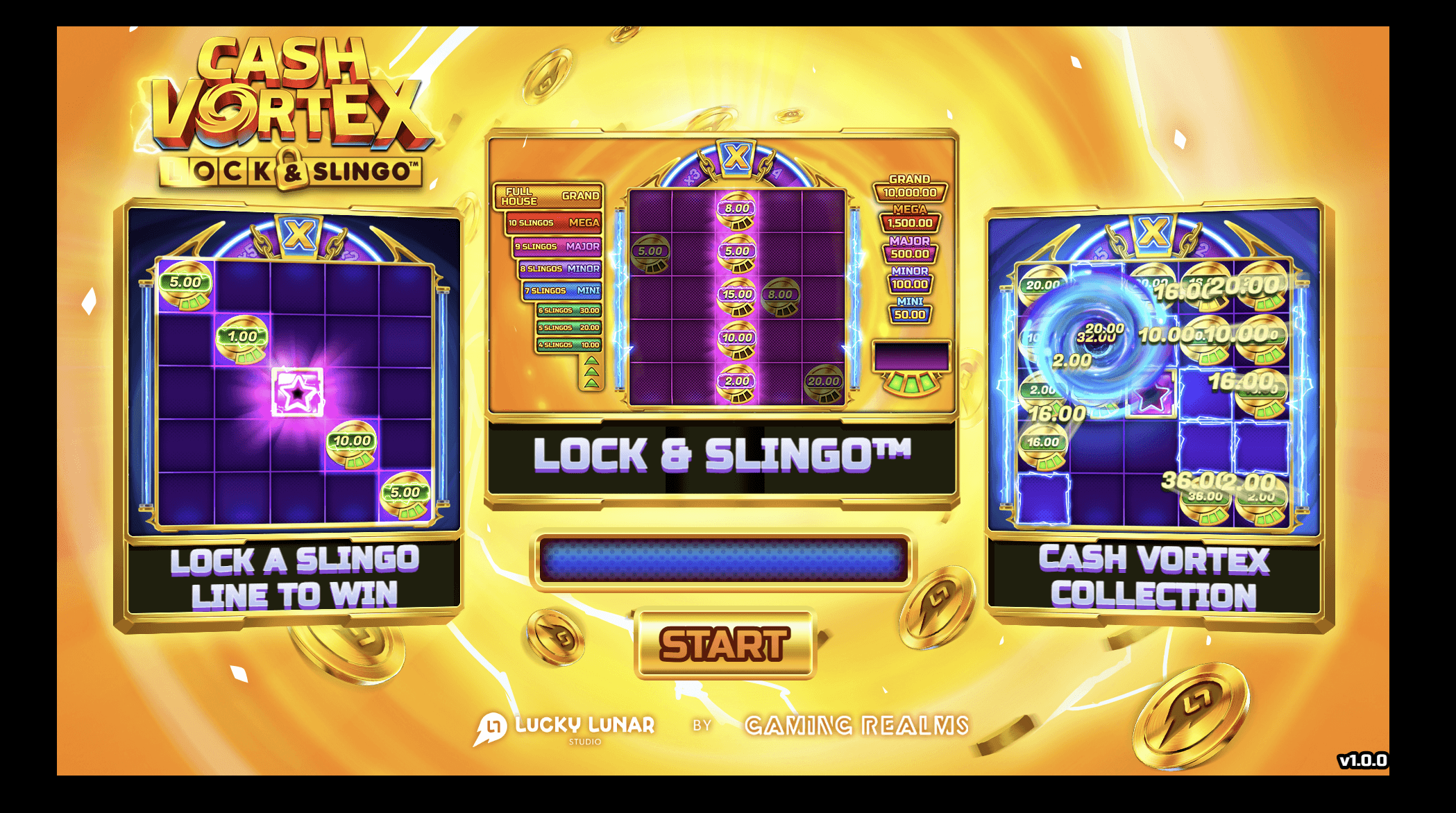 cash vortex lock and slingo game start page
